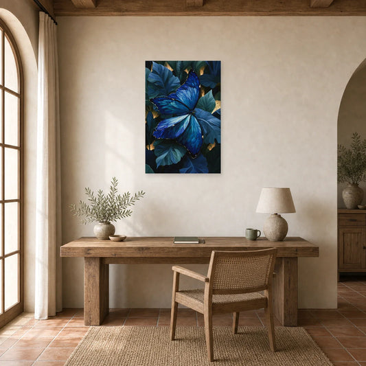 Tableau papillon bleu morpho sur feuillage sombre dans un bureau élégant