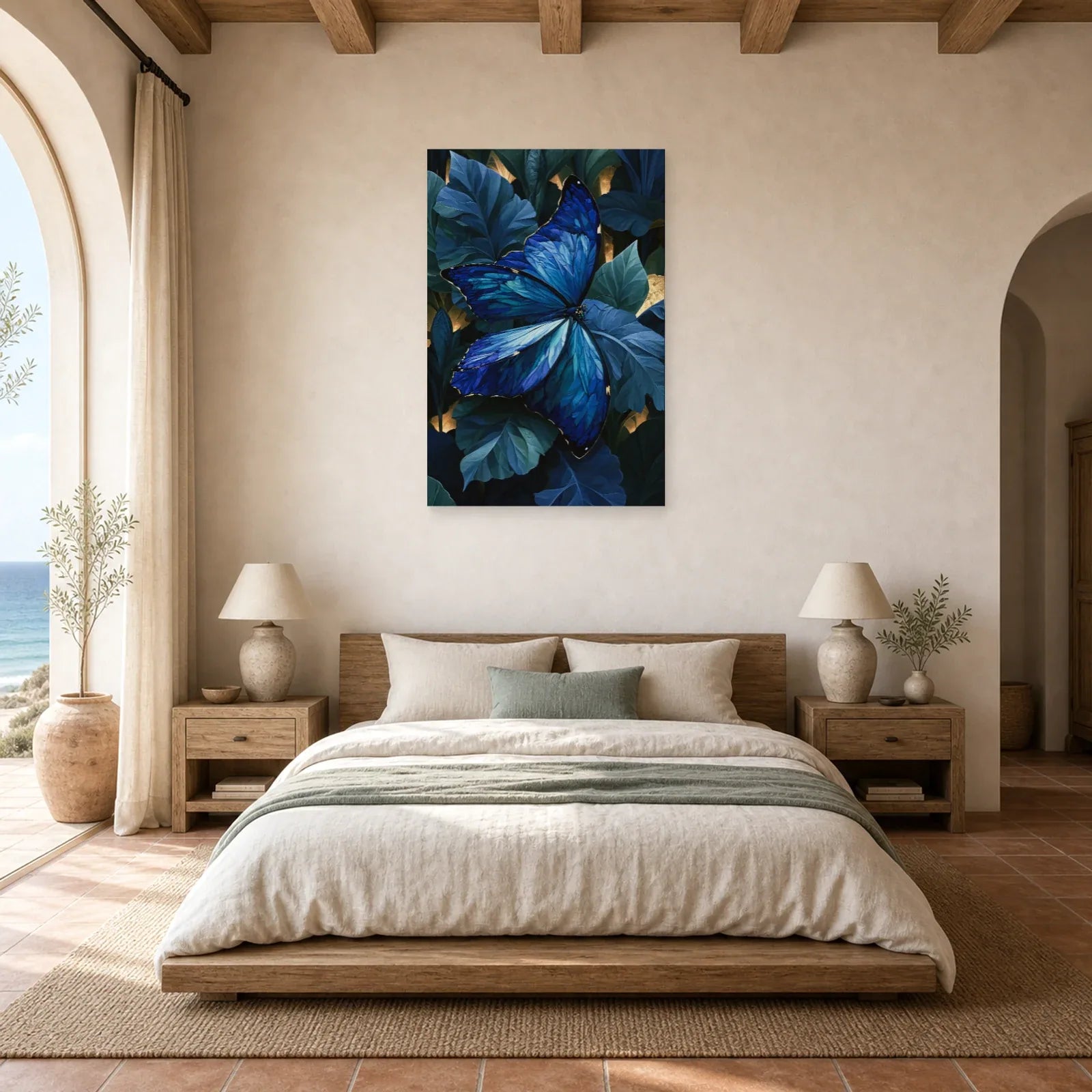 Tableau papillon bleu morpho sur feuillage sombre dans une chambre apaisante