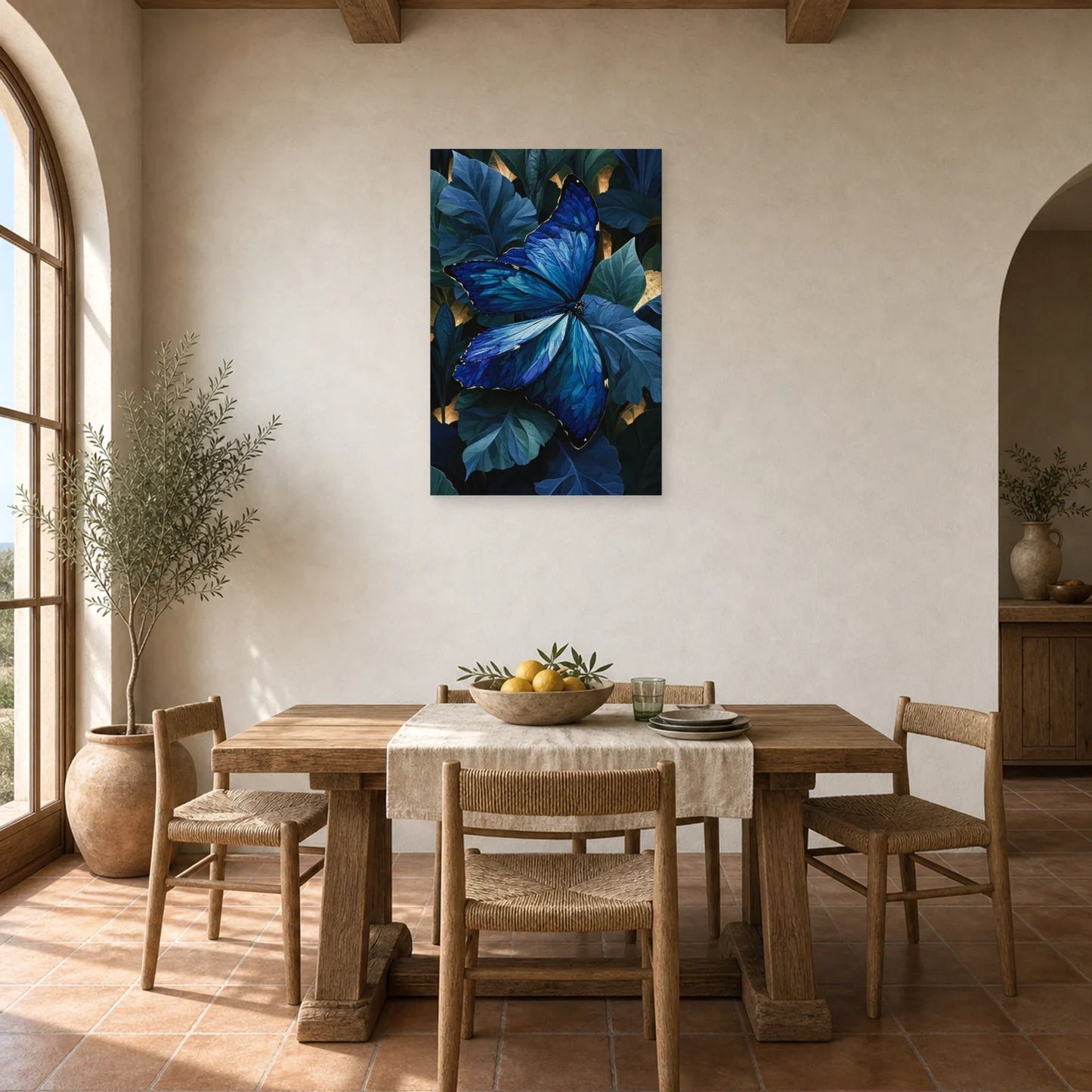 Tableau papillon bleu morpho sur feuillage sombre dans une salle à manger lumineuse