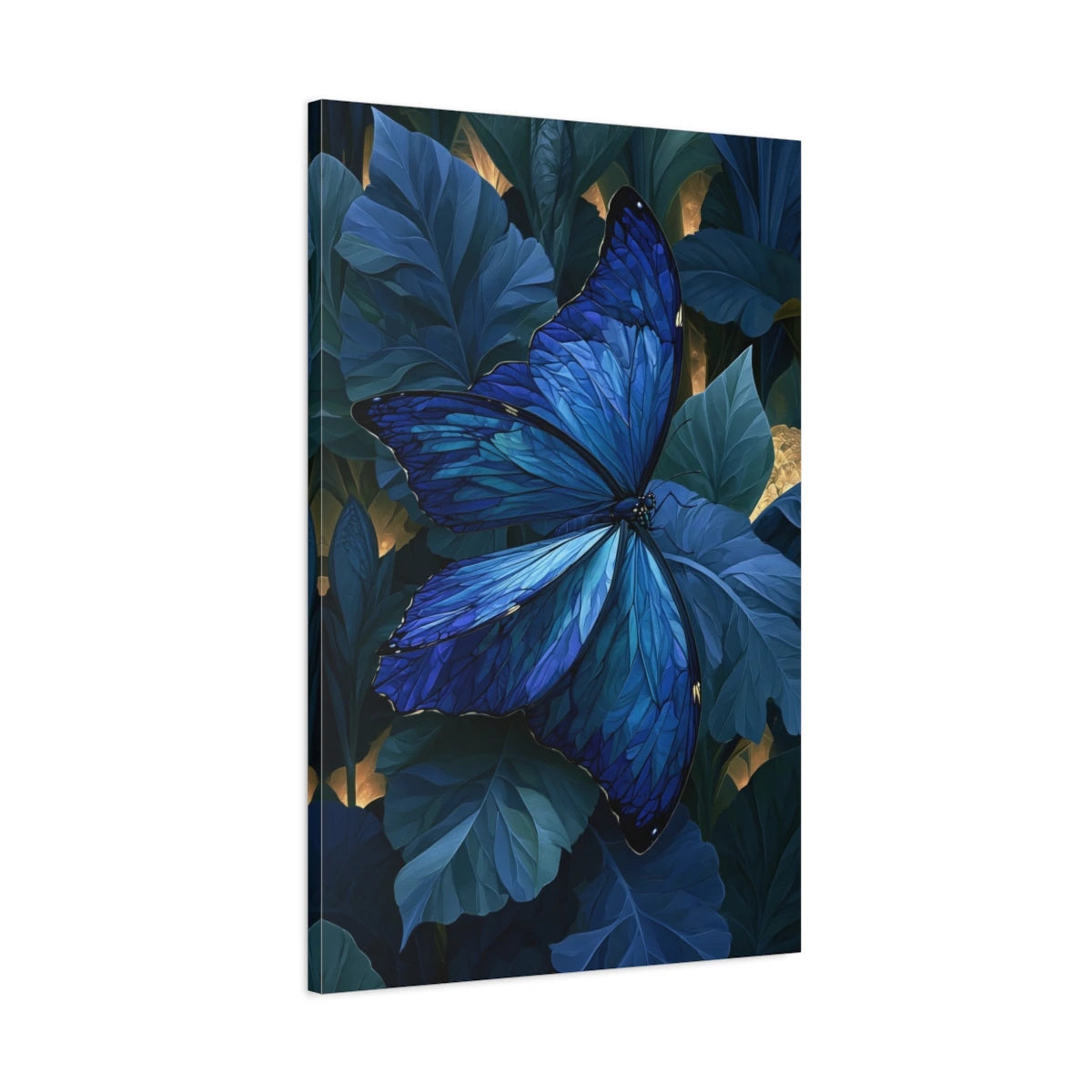Tableau papillon bleu morpho sur feuillage sombre - toile 3D avec bords imprimés visibles