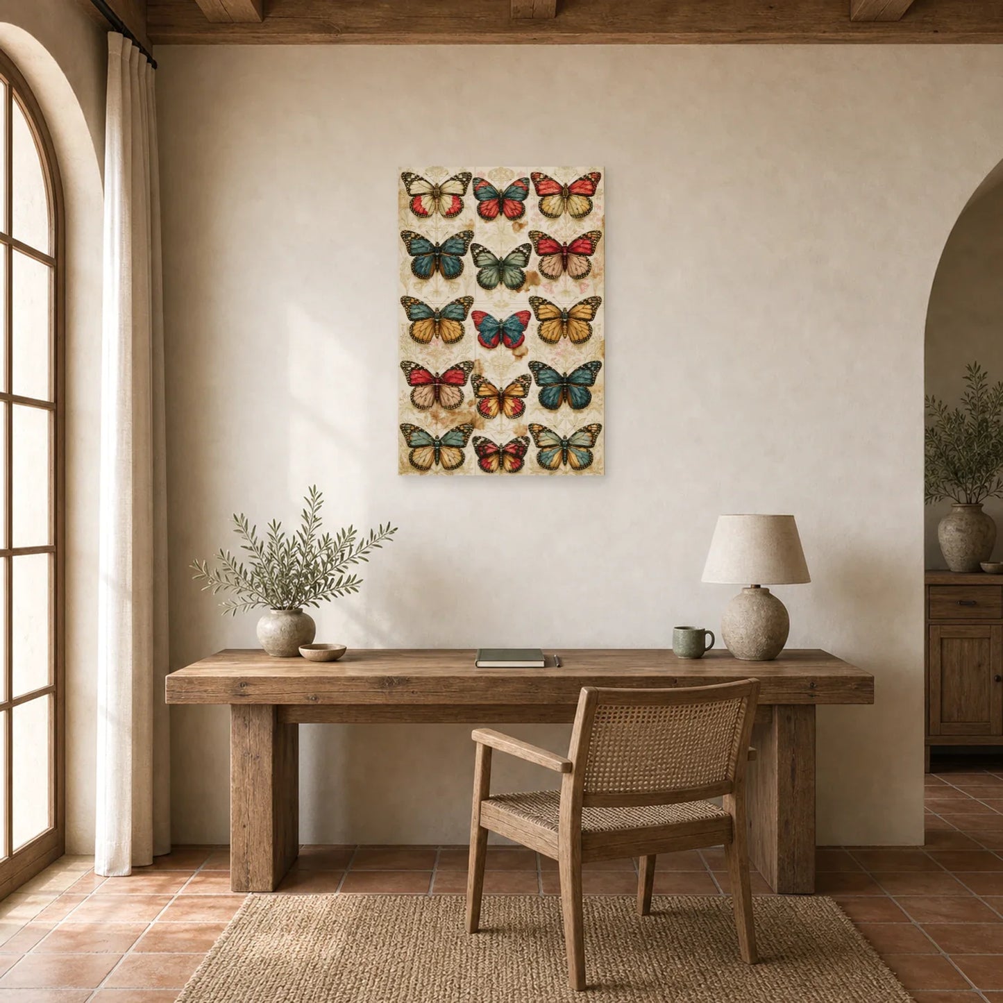 Tableau collection de papillons façon cabinet de curiosités dans un bureau élégant