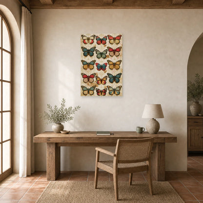 Tableau collection de papillons façon cabinet de curiosités dans un bureau élégant