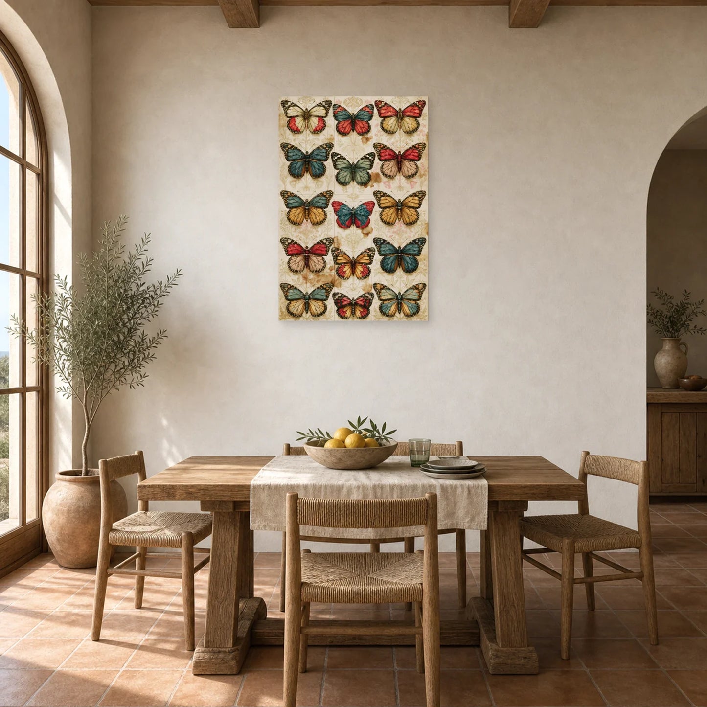 Tableau collection de papillons façon cabinet de curiosités dans une salle à manger lumineuse