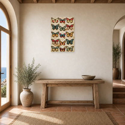 Tableau collection de papillons façon cabinet de curiosités dans une entrée ou un couloir décoré