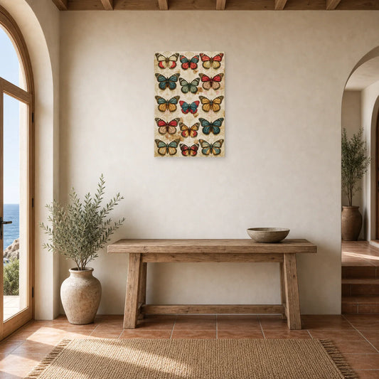 Tableau collection de papillons façon cabinet de curiosités dans une entrée ou un couloir décoré
