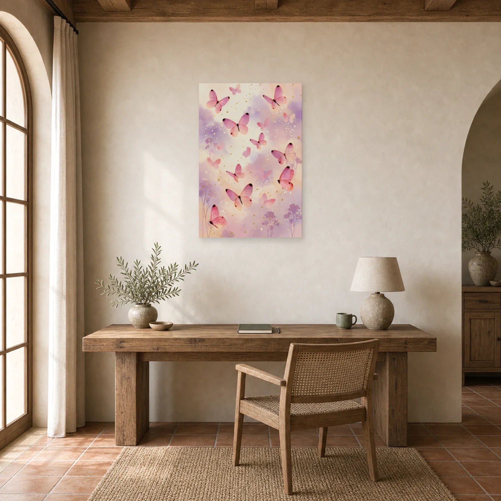 Tableau papillons roses en envol sur fond pastel pour chambre dans un bureau élégant