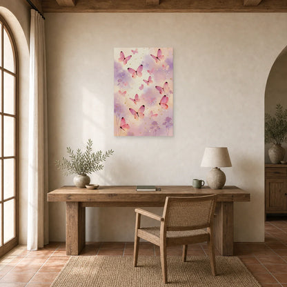 Tableau papillons roses en envol sur fond pastel pour chambre dans un bureau élégant