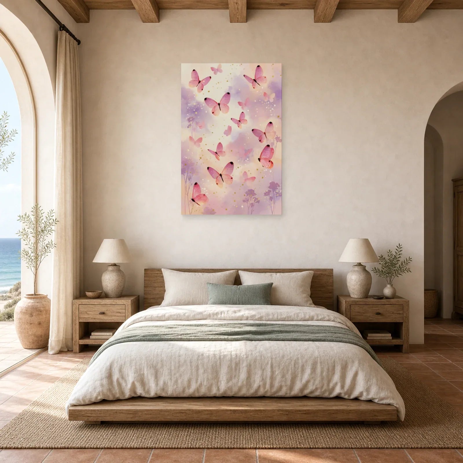 Tableau papillons roses en envol sur fond pastel pour chambre dans une chambre apaisante