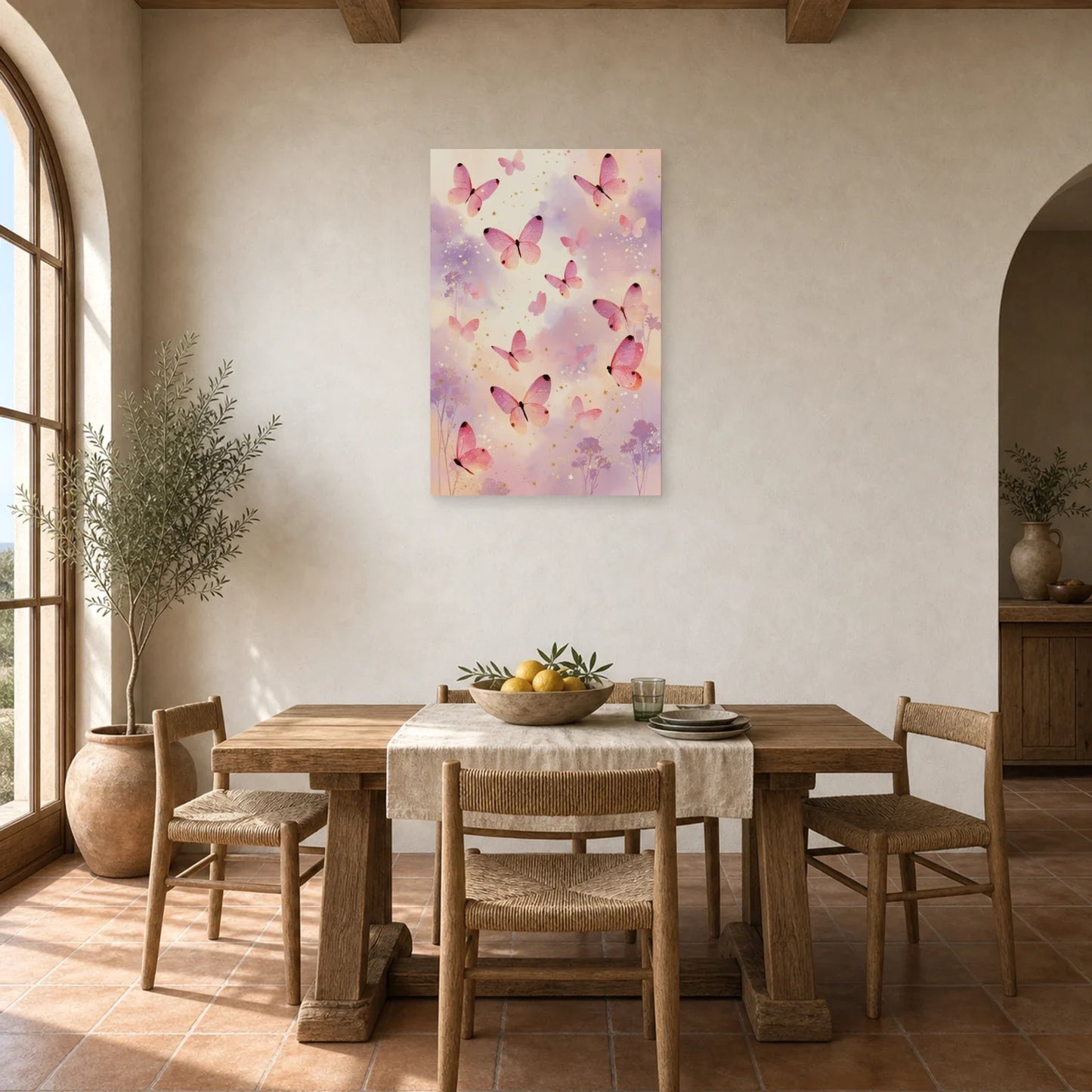 Tableau papillons roses en envol sur fond pastel pour chambre dans une salle à manger lumineuse