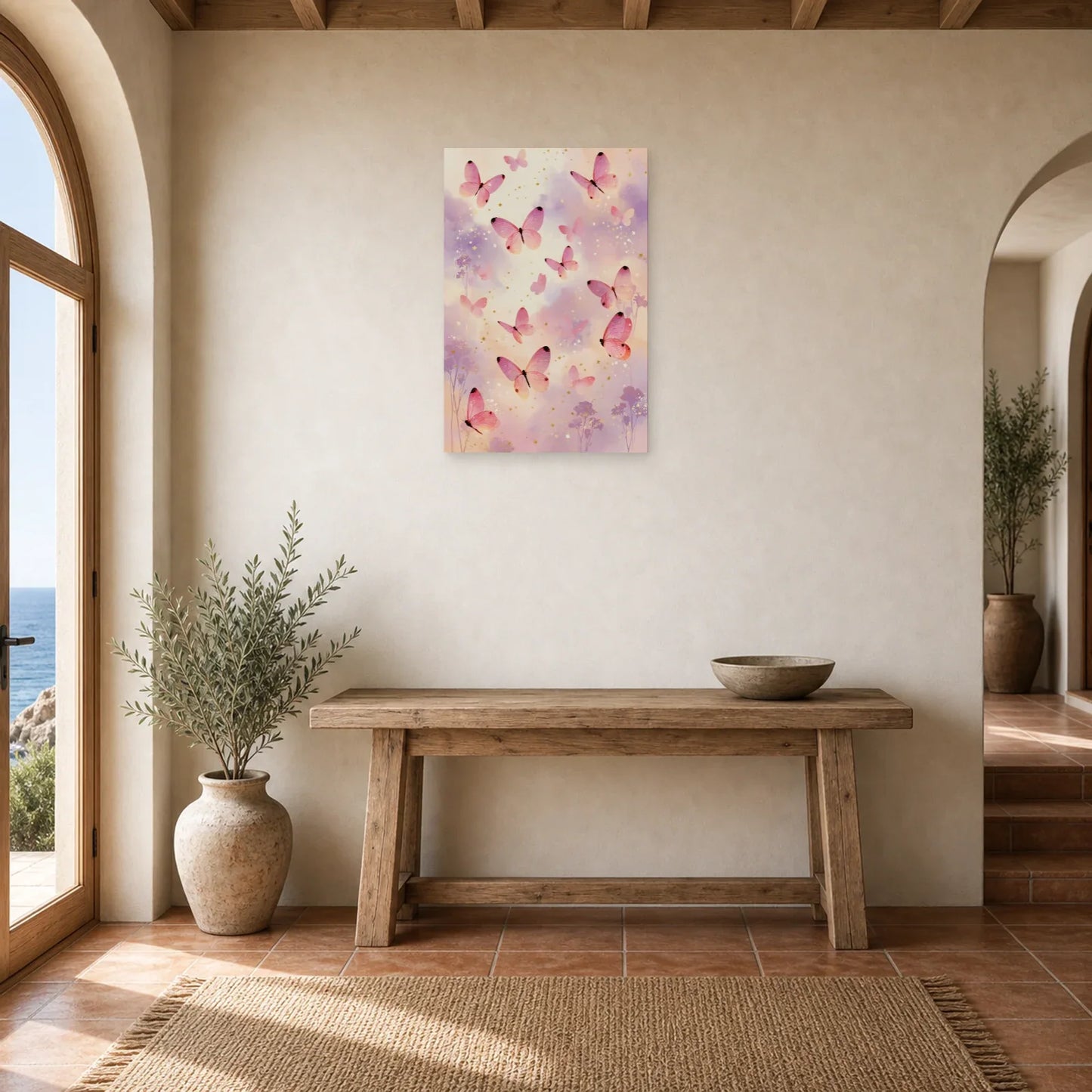 Tableau papillons roses en envol sur fond pastel pour chambre dans une entrée ou un couloir décoré