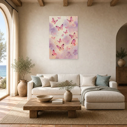 Tableau papillons roses en envol sur fond pastel pour chambre dans un salon contemporain