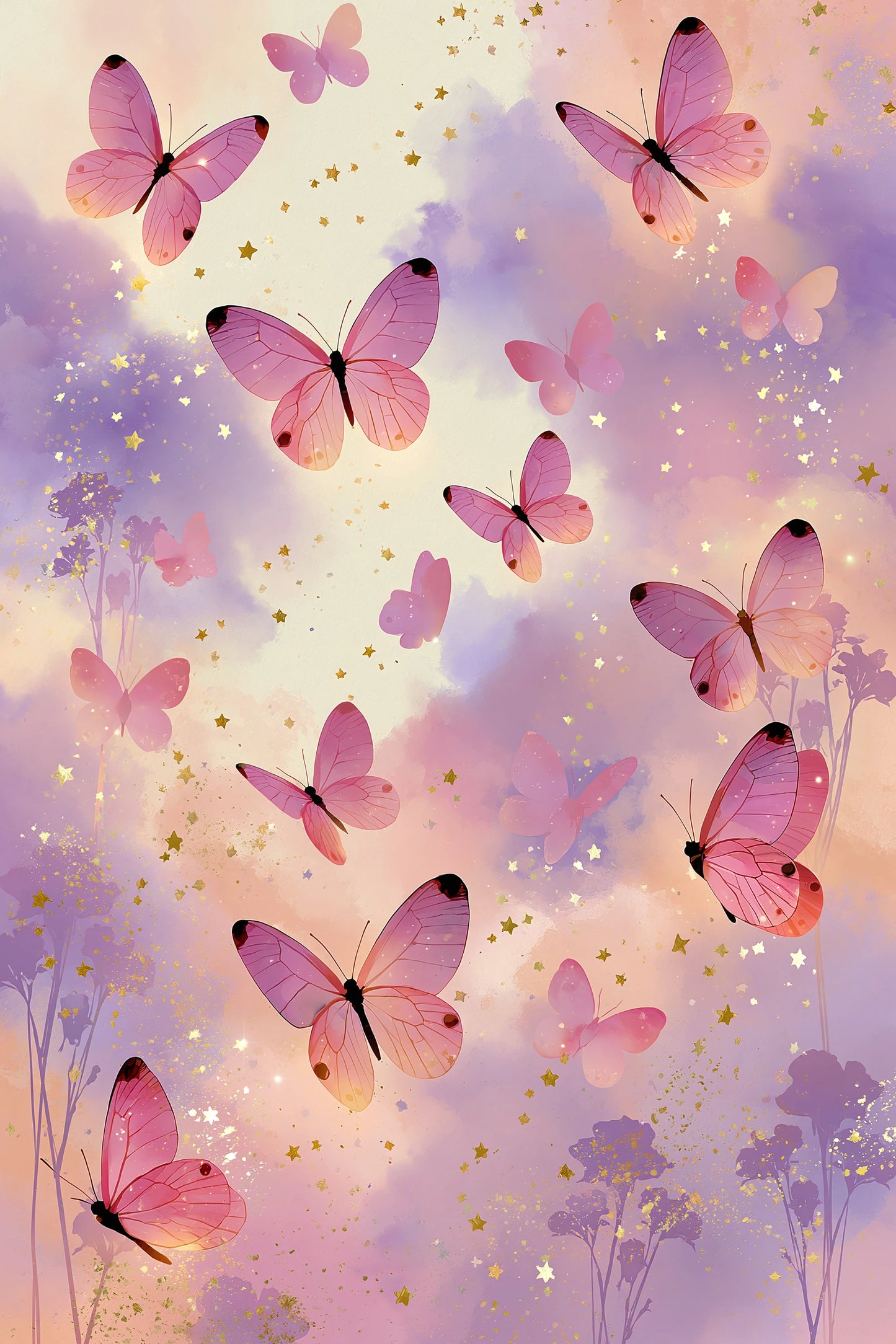 Tableau papillons roses en envol sur fond pastel pour chambre - format S