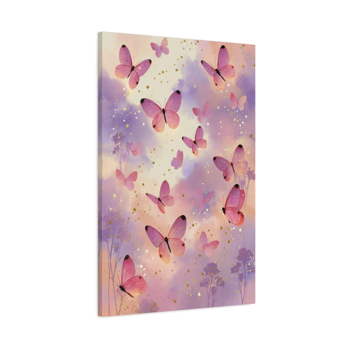 Tableau papillons roses en envol sur fond pastel pour chambre - toile 3D avec bords imprimés visibles