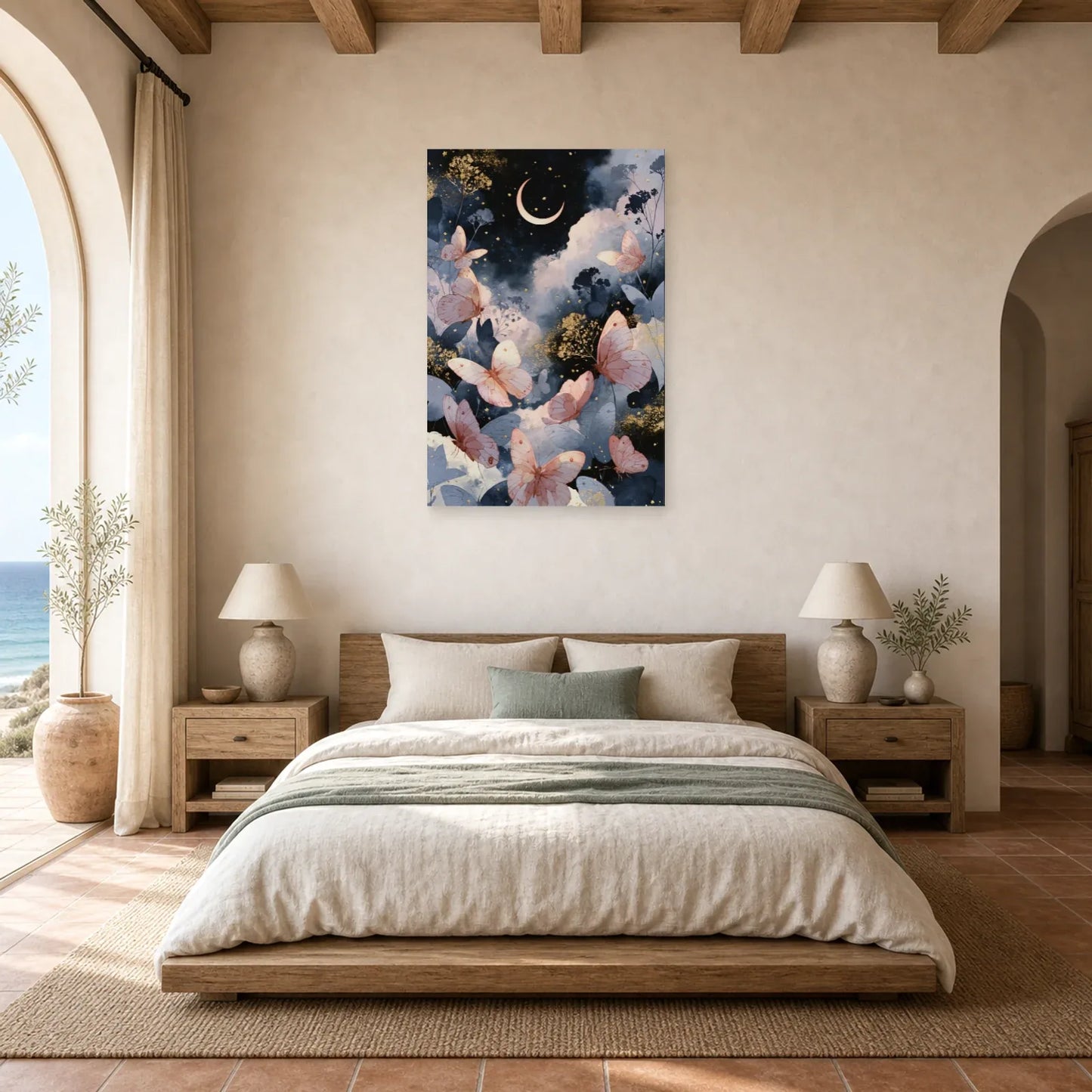 Tableau papillons roses sous la lune avec nuages bleus dans une chambre apaisante
