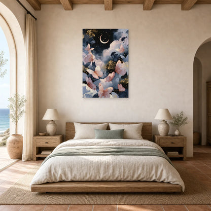 Tableau papillons roses sous la lune avec nuages bleus dans une chambre apaisante