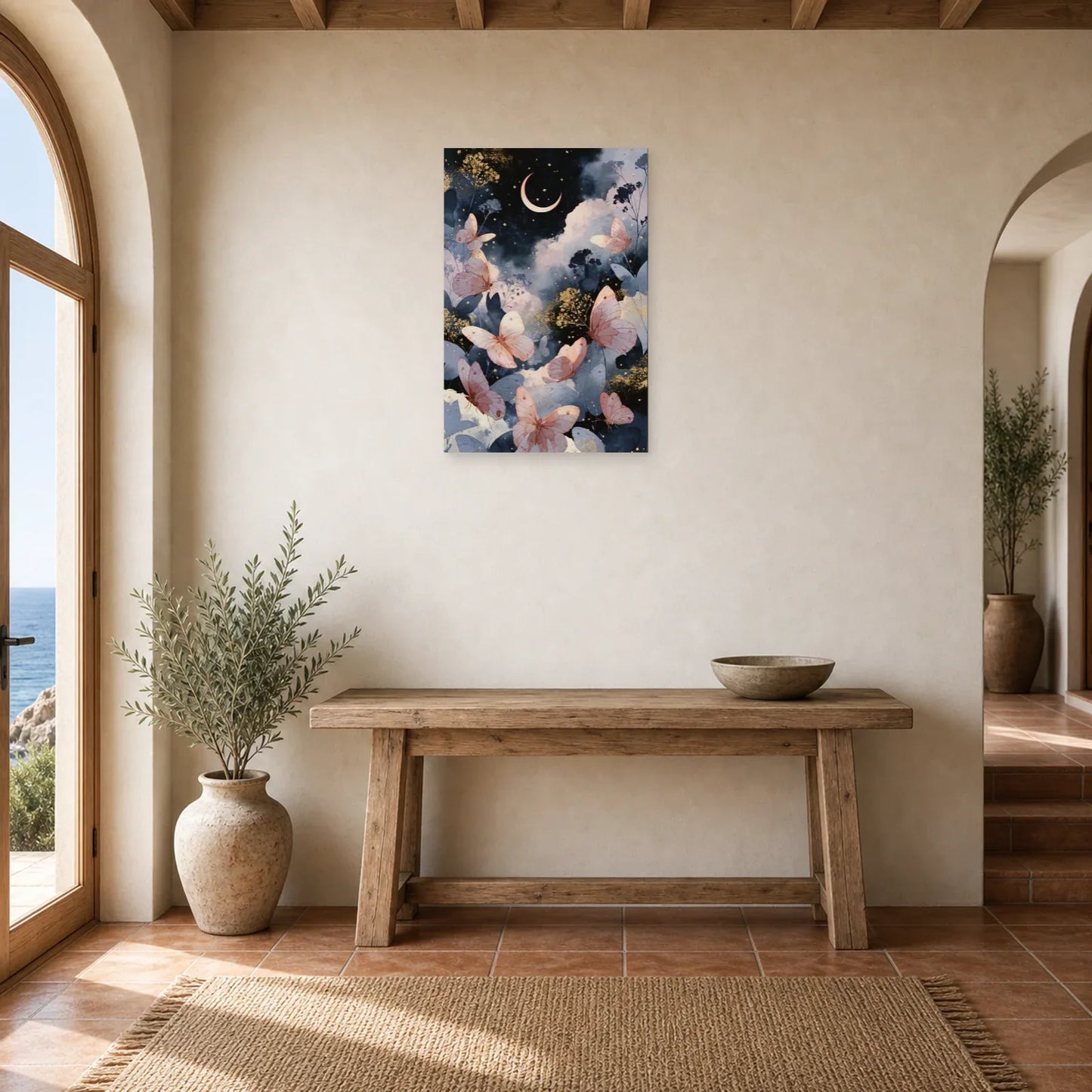 Tableau papillons roses sous la lune avec nuages bleus dans une entrée ou un couloir décoré