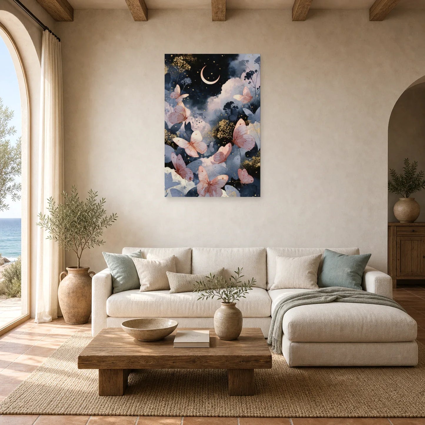 Tableau papillons roses sous la lune avec nuages bleus dans un salon contemporain