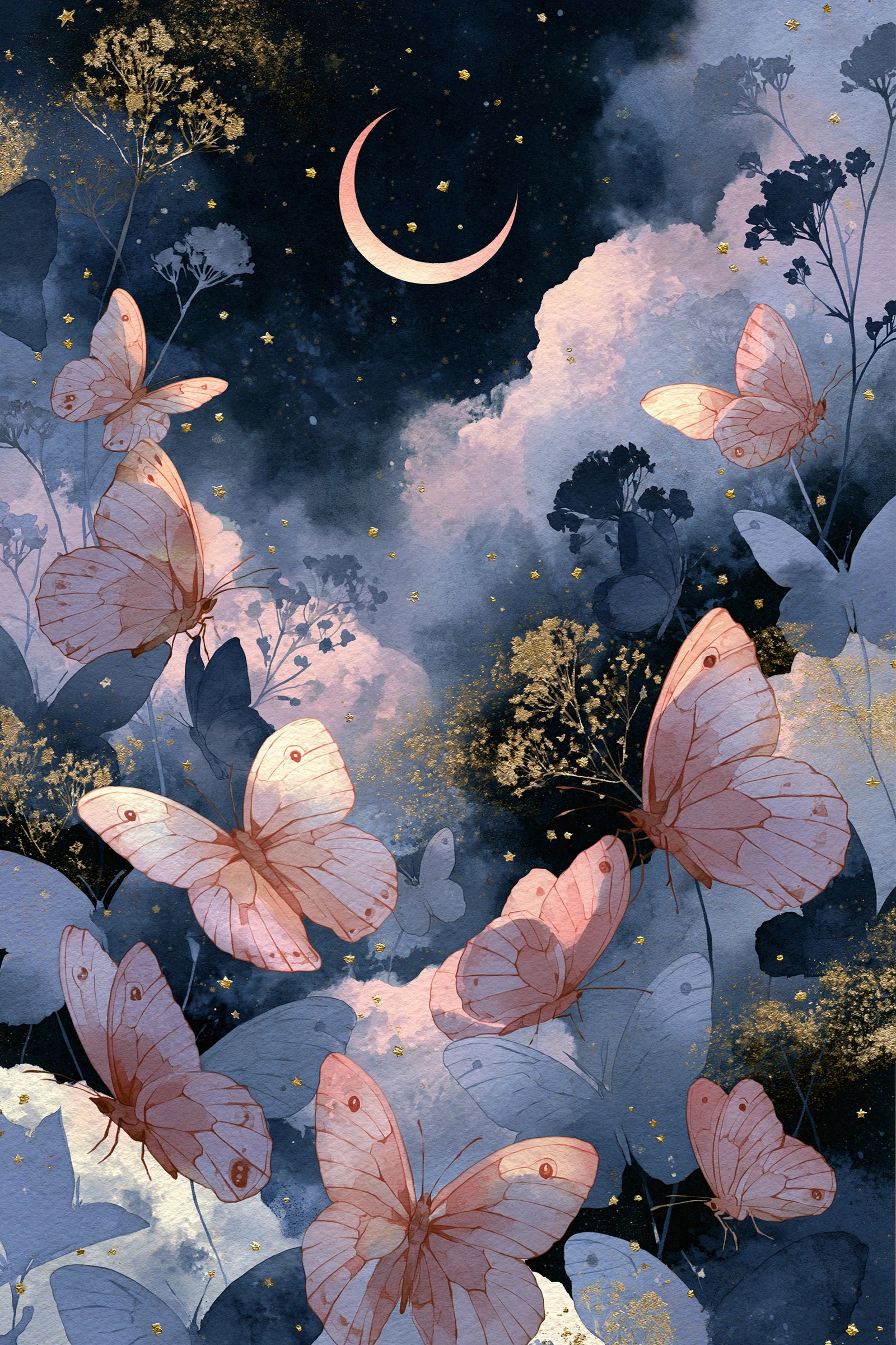 Tableau papillons roses sous la lune avec nuages bleus - format S