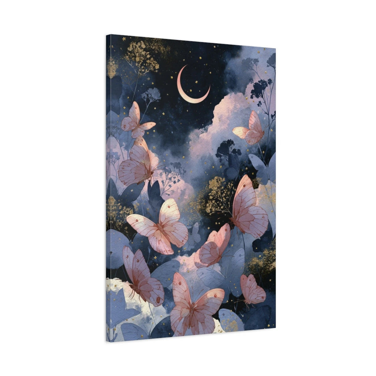 Tableau papillons roses sous la lune avec nuages bleus - toile 3D avec bords imprimés visibles