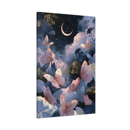 Tableau papillons roses sous la lune avec nuages bleus - toile 3D avec bords imprimés visibles