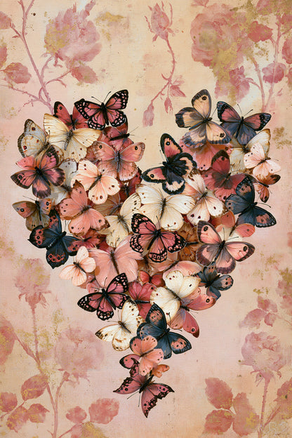 Tableau cœur romantique composé de papillons et fleurs roses - format M