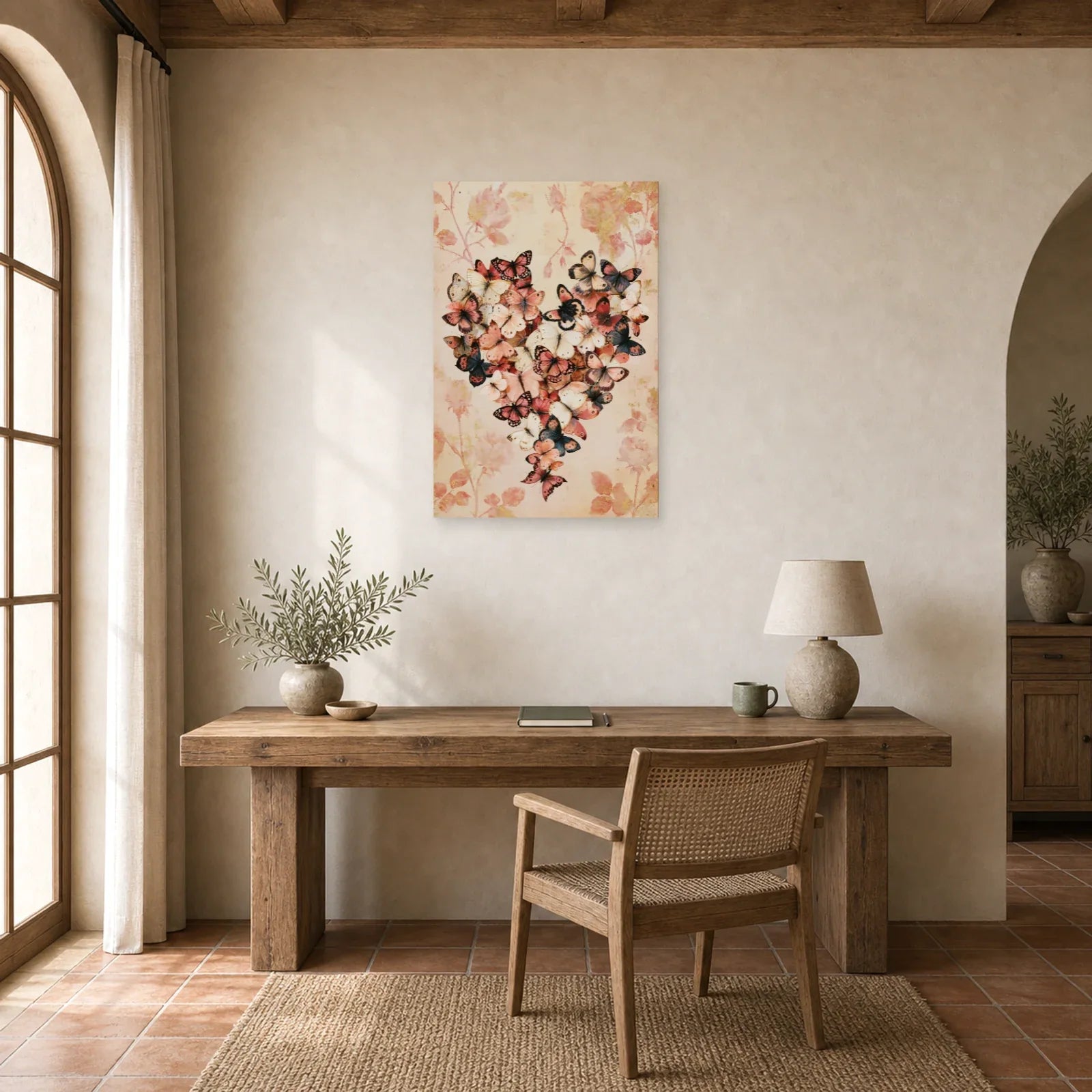 Tableau cœur romantique composé de papillons et fleurs roses dans un bureau élégant