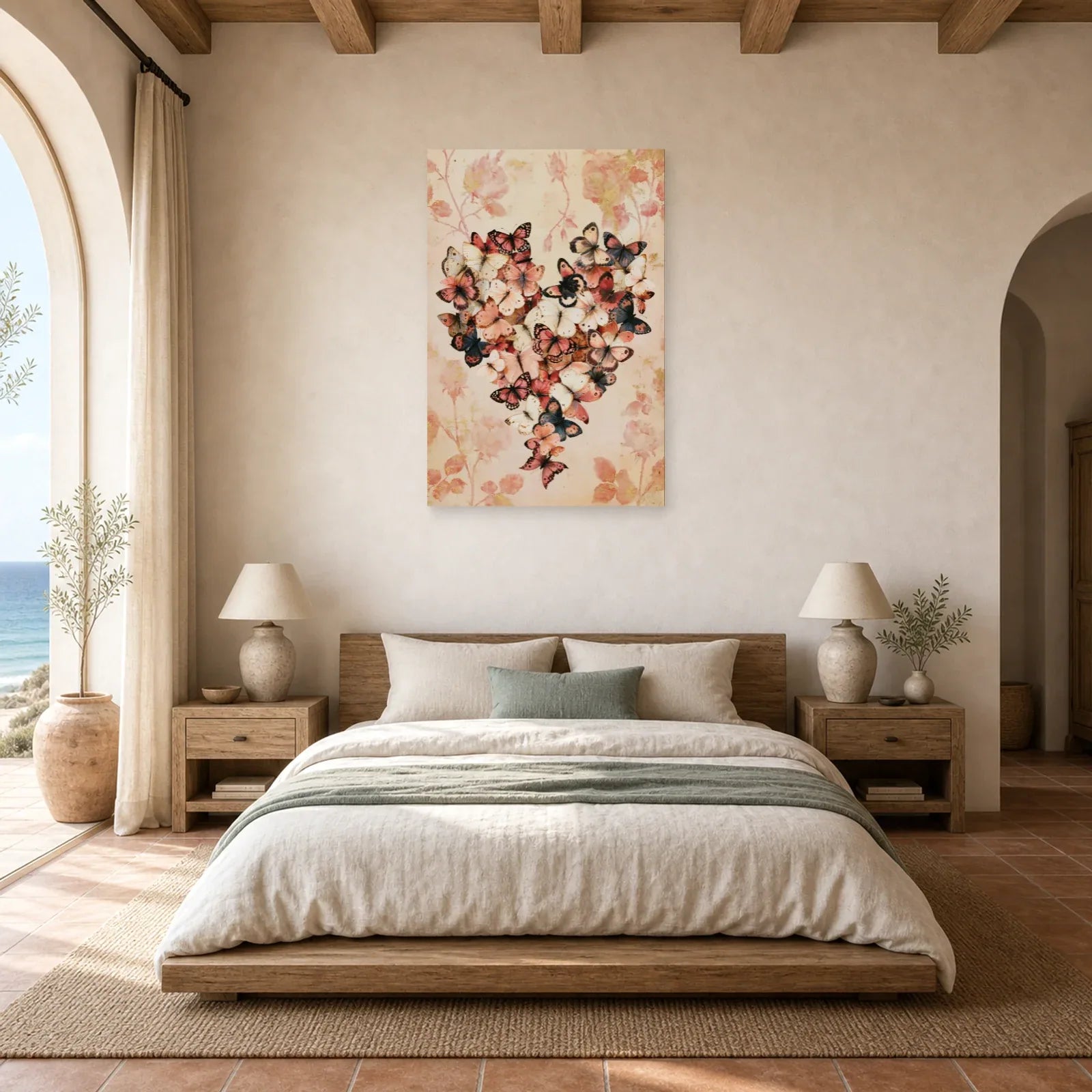 Tableau cœur romantique composé de papillons et fleurs roses dans une chambre apaisante