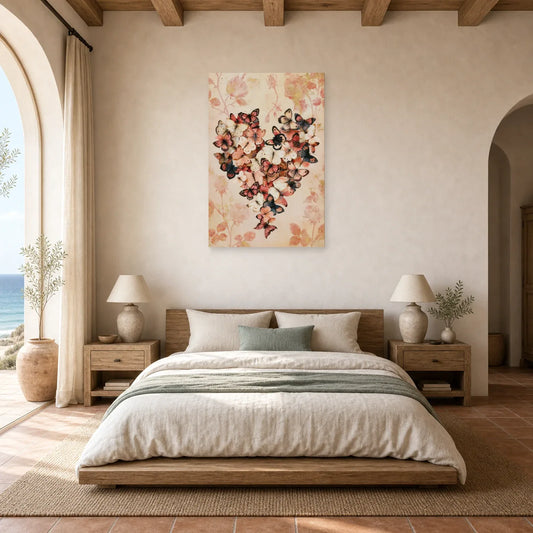 Tableau cœur romantique composé de papillons et fleurs roses dans une chambre apaisante