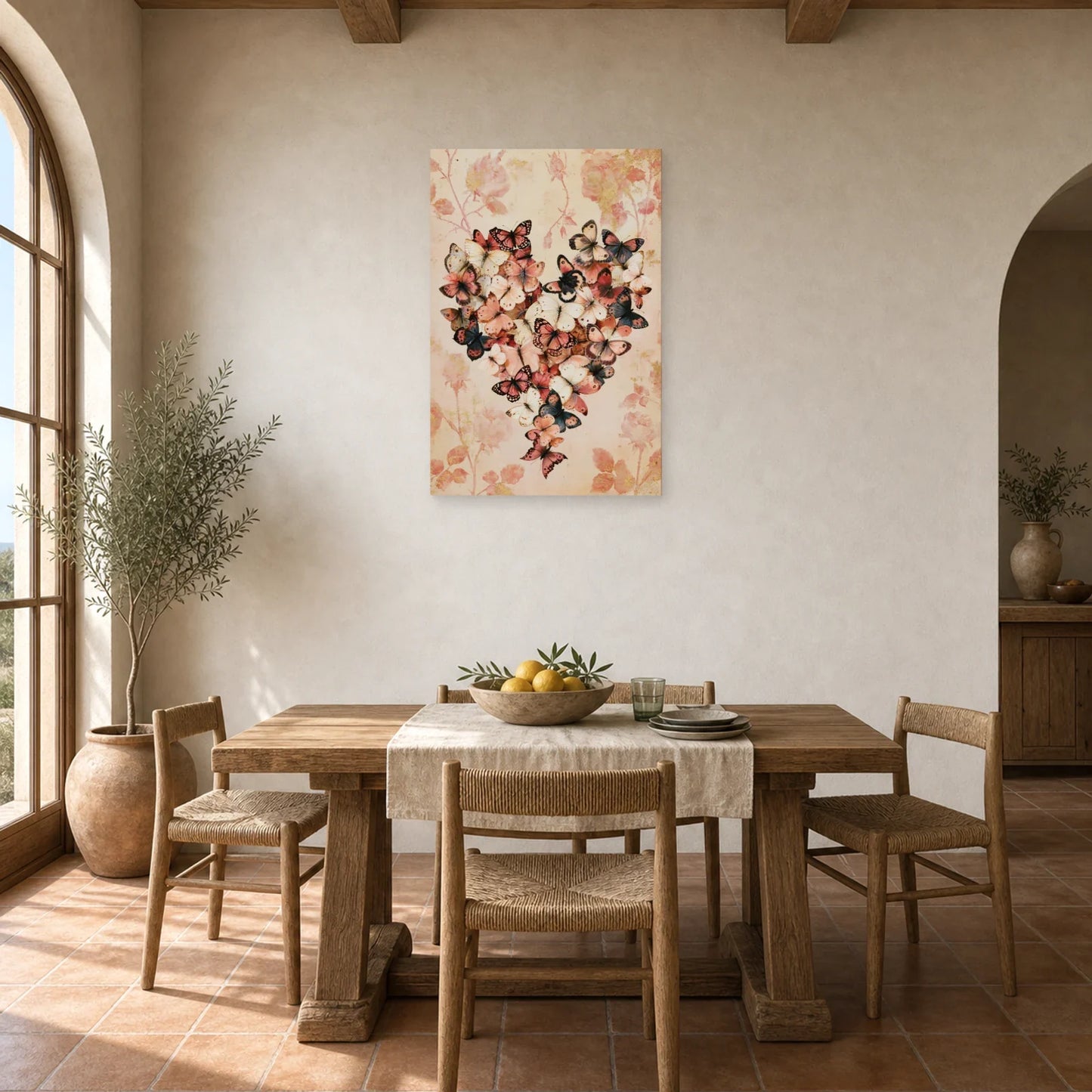 Tableau cœur romantique composé de papillons et fleurs roses dans une salle à manger lumineuse