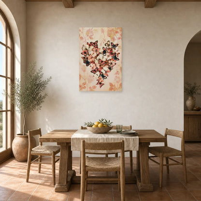 Tableau cœur romantique composé de papillons et fleurs roses dans une salle à manger lumineuse