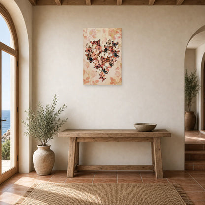 Tableau cœur romantique composé de papillons et fleurs roses dans une entrée ou un couloir décoré
