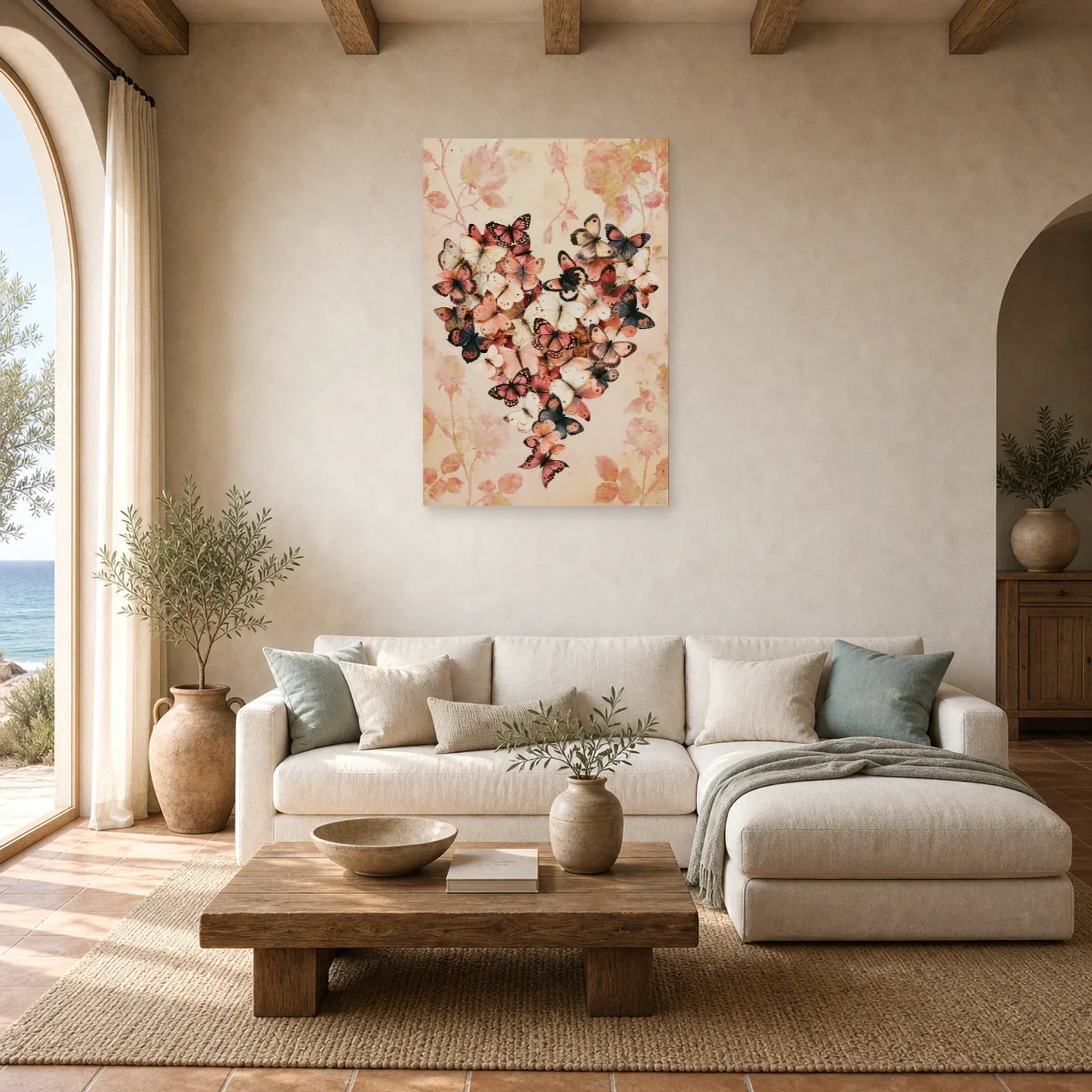 Tableau cœur romantique composé de papillons et fleurs roses dans un salon contemporain