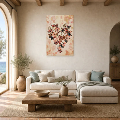 Tableau cœur romantique composé de papillons et fleurs roses dans un salon contemporain