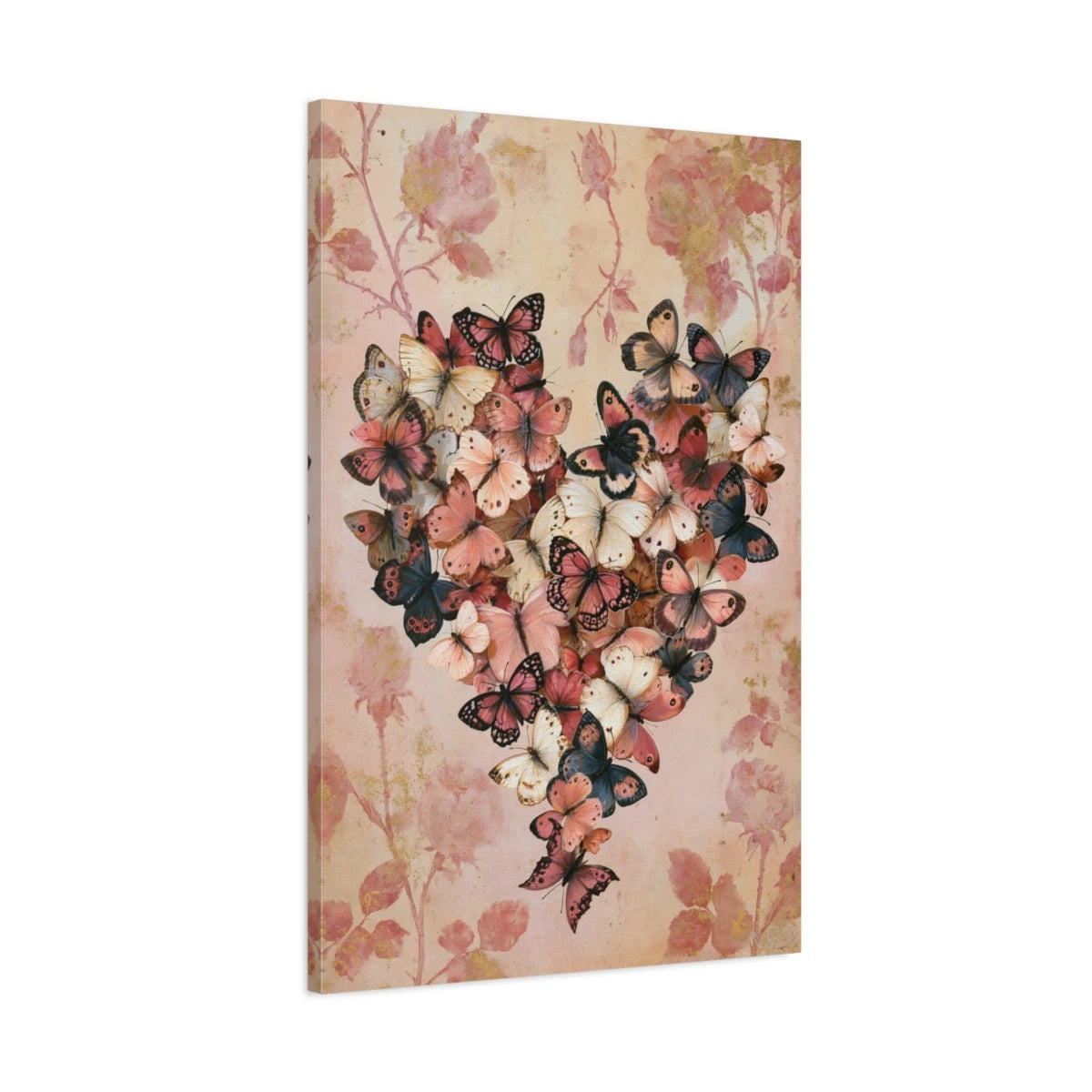Tableau cœur romantique composé de papillons et fleurs roses - toile 3D avec bords imprimés visibles