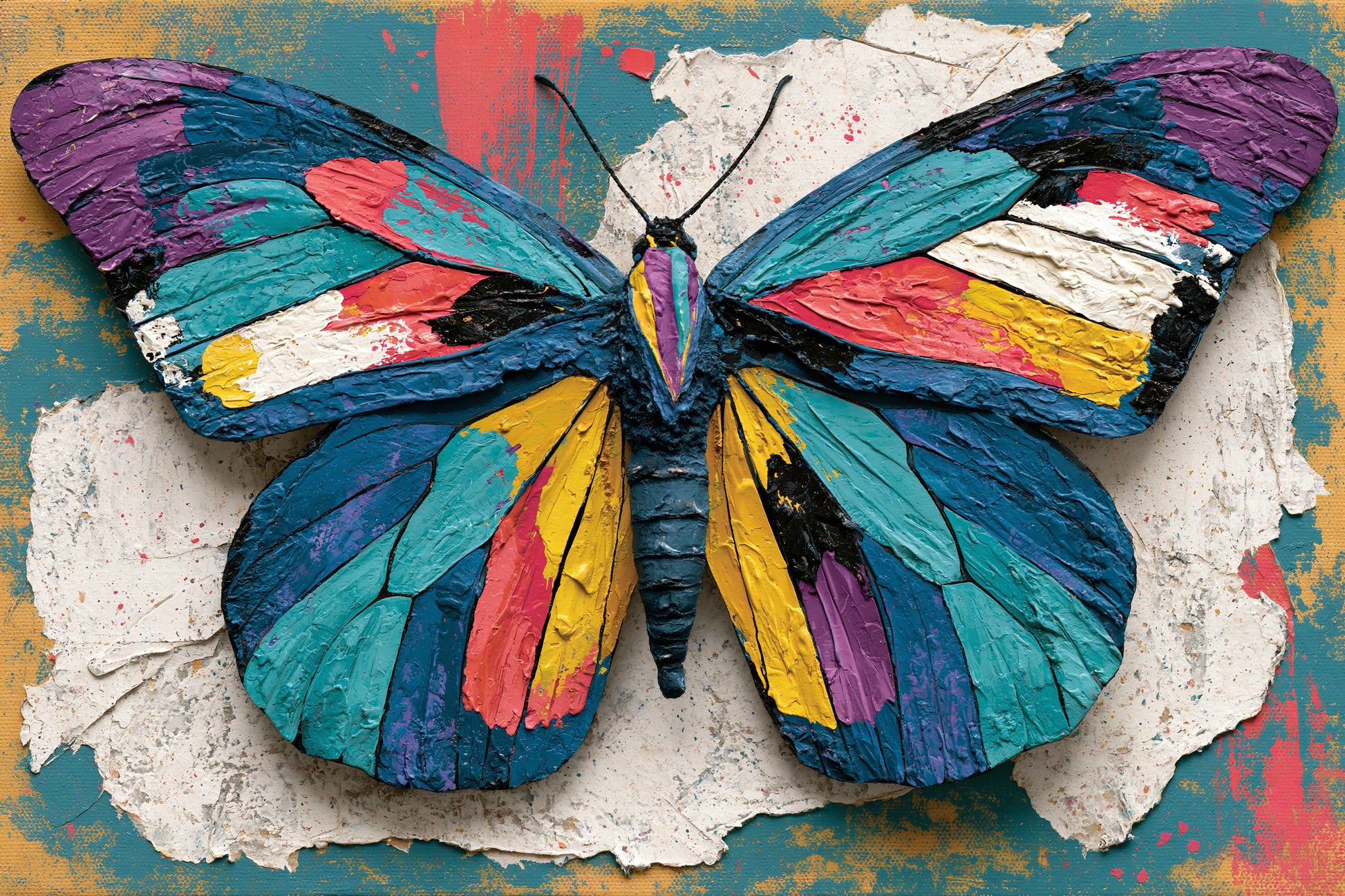 Tableau papillon couleurs vives style patchwork sur fond texturé - format M