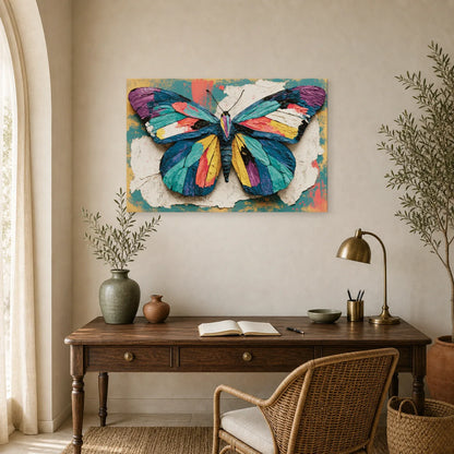 Tableau papillon couleurs vives style patchwork sur fond texturé dans un bureau élégant
