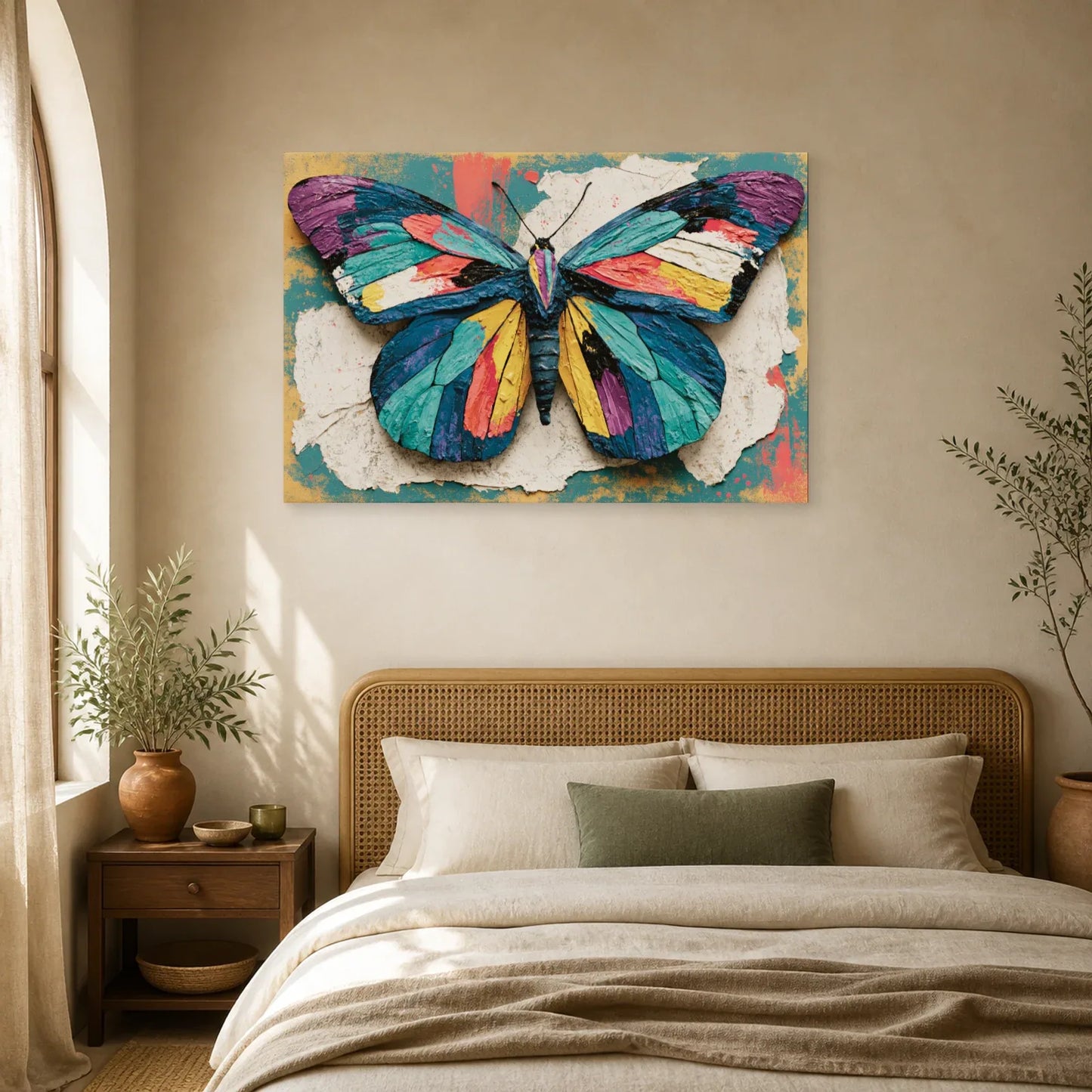 Tableau papillon couleurs vives style patchwork sur fond texturé dans une chambre apaisante