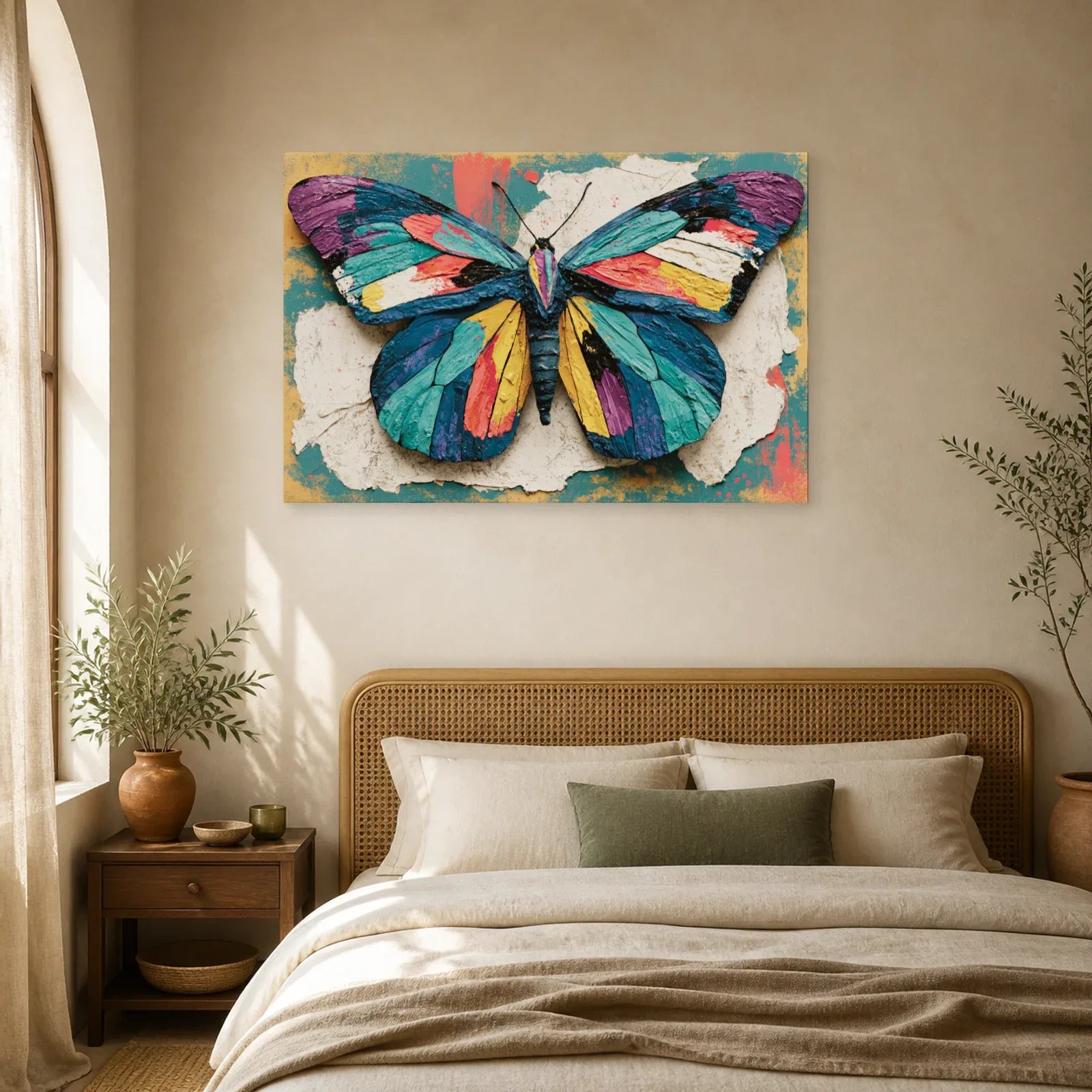 Tableau papillon couleurs vives style patchwork sur fond texturé dans une chambre apaisante