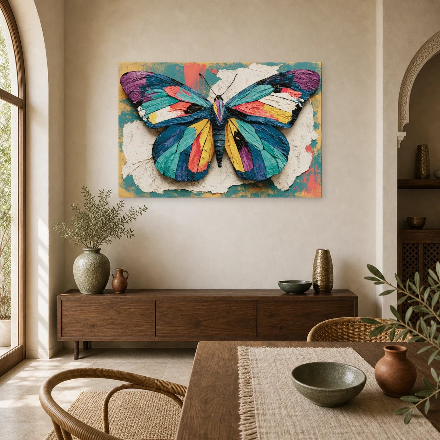 Tableau papillon couleurs vives style patchwork sur fond texturé dans une salle à manger lumineuse