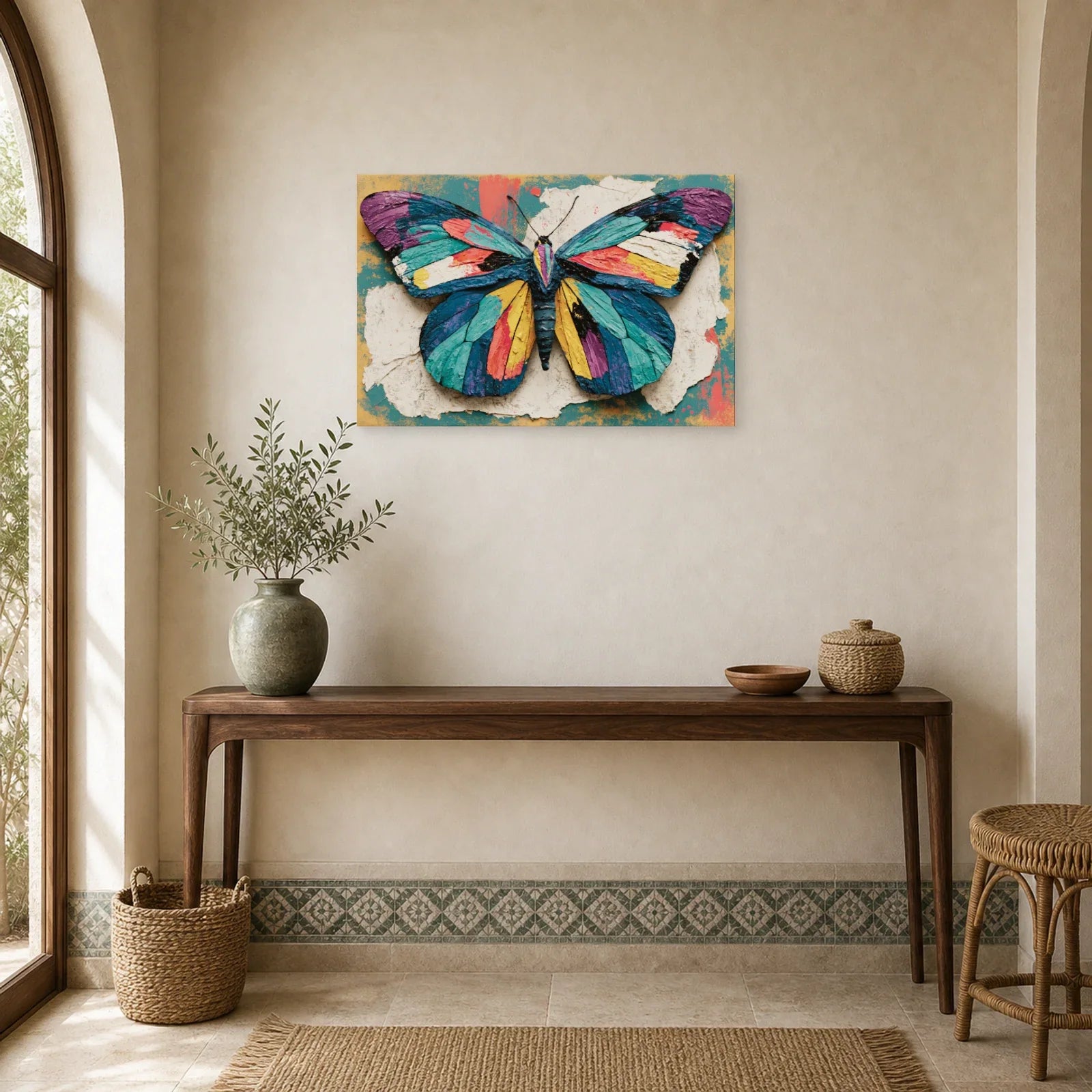 Tableau papillon couleurs vives style patchwork sur fond texturé dans une entrée ou un couloir décoré