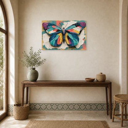 Tableau papillon couleurs vives style patchwork sur fond texturé dans une entrée ou un couloir décoré