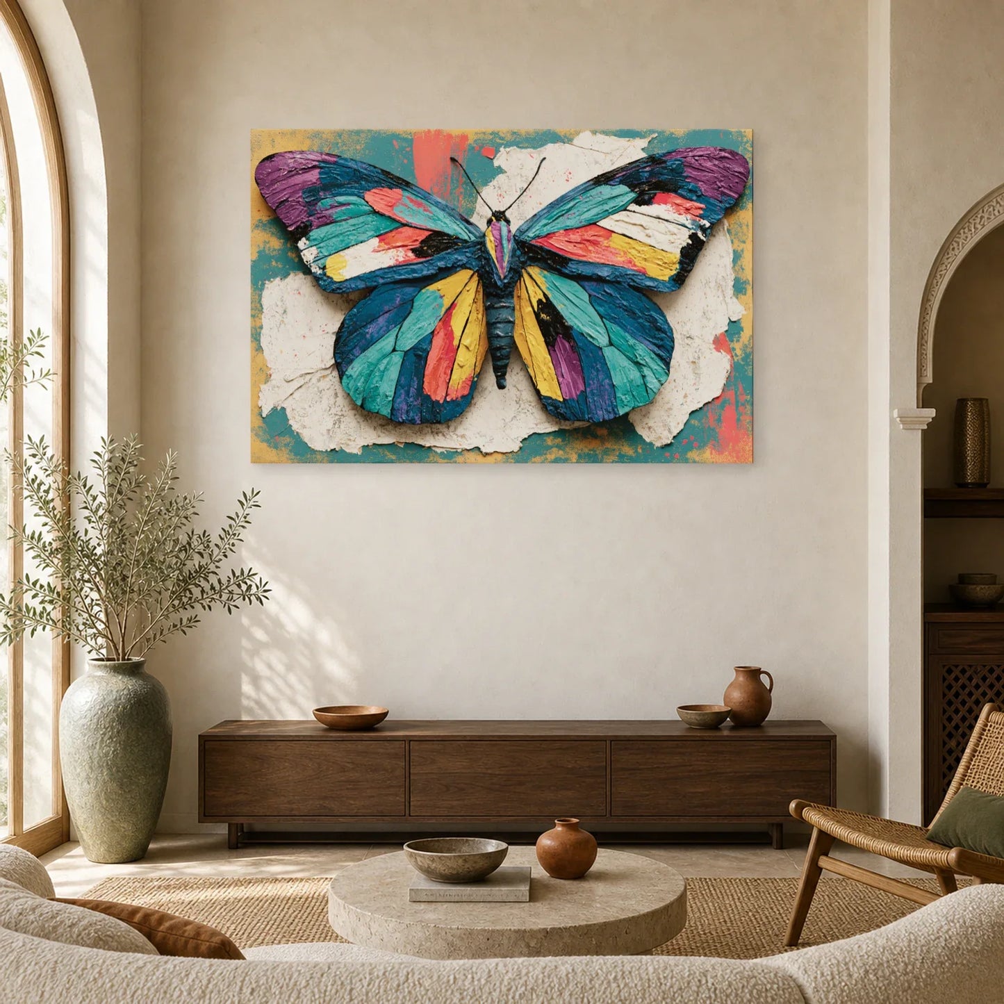 Tableau papillon couleurs vives style patchwork sur fond texturé dans un salon contemporain