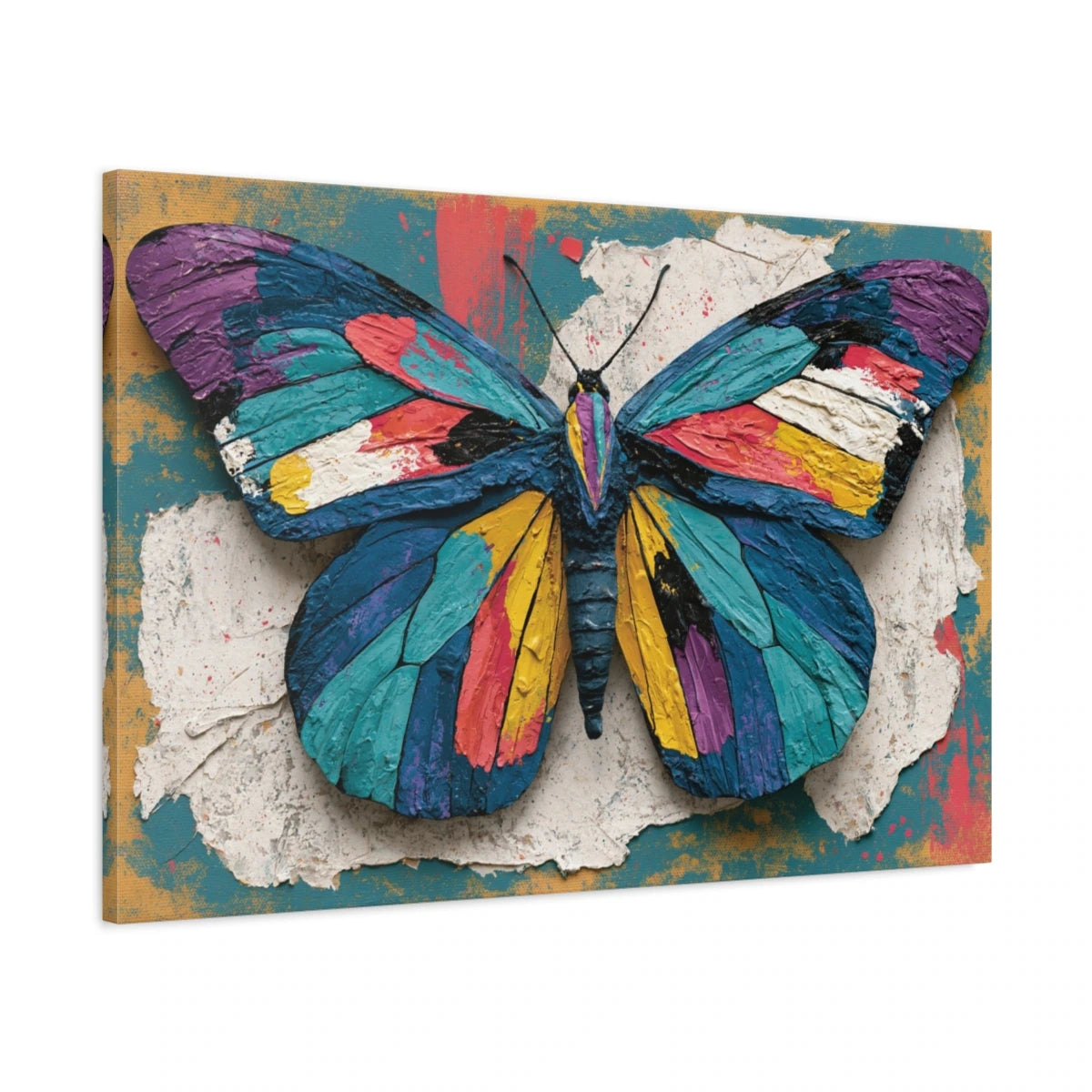 Tableau papillon couleurs vives style patchwork sur fond texturé - toile 3D avec bords imprimés visibles