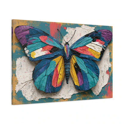 Tableau papillon couleurs vives style patchwork sur fond texturé - toile 3D avec bords imprimés visibles