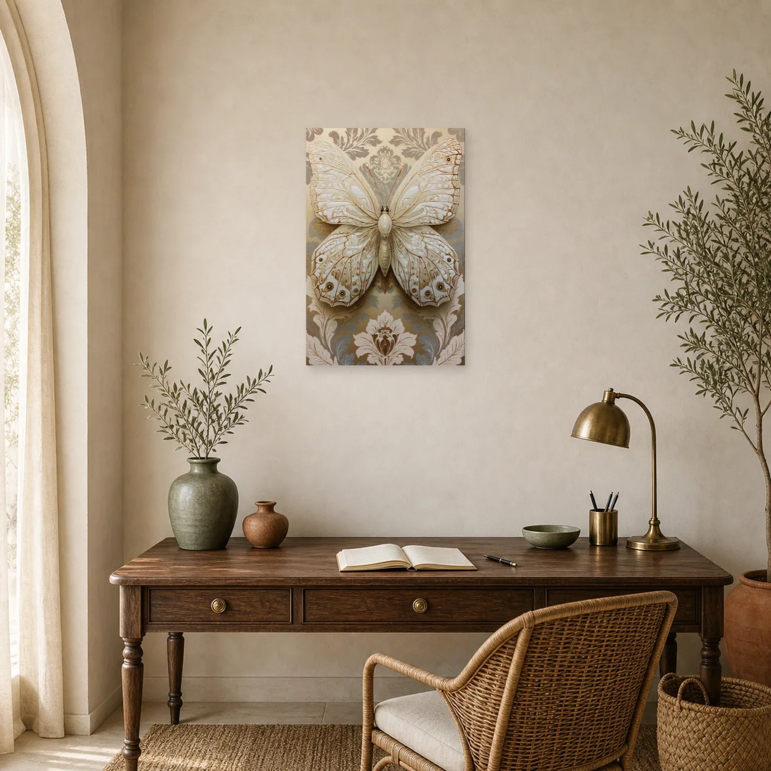 Tableau papillon ivoire et or avec effet relief décoratif dans un bureau élégant