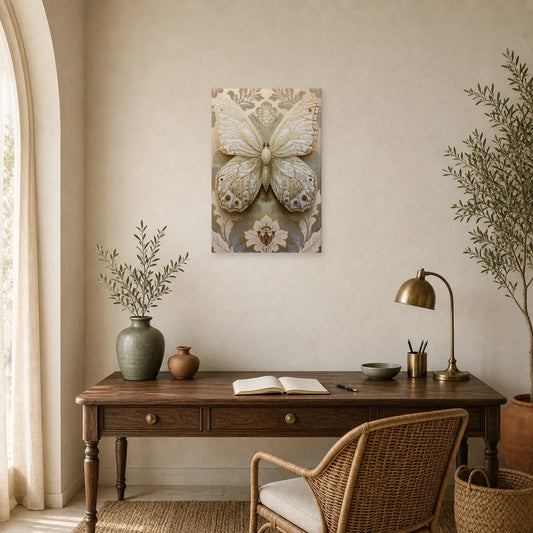 Tableau papillon ivoire et or avec effet relief décoratif dans un bureau élégant