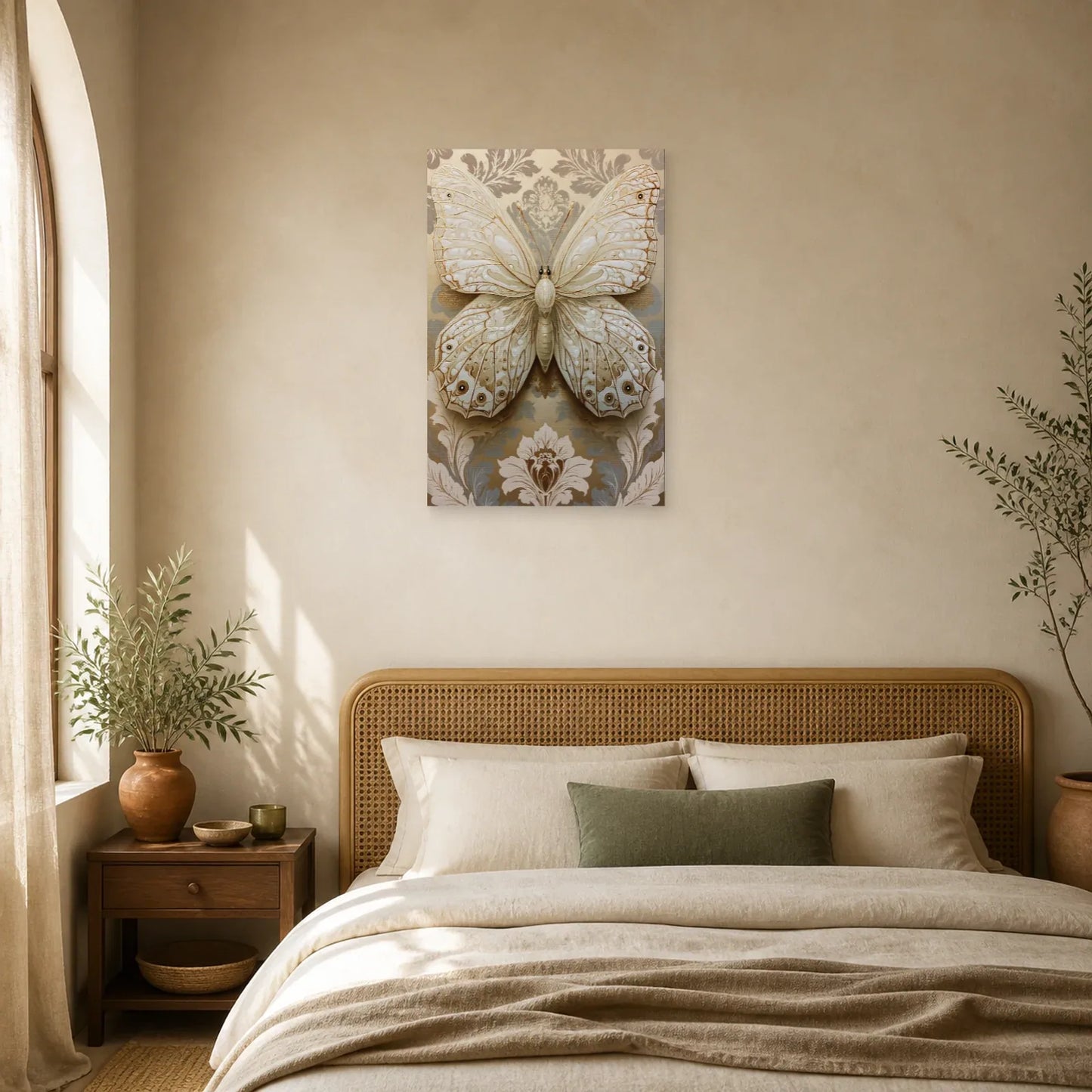 Tableau papillon ivoire et or avec effet relief décoratif dans une chambre apaisante