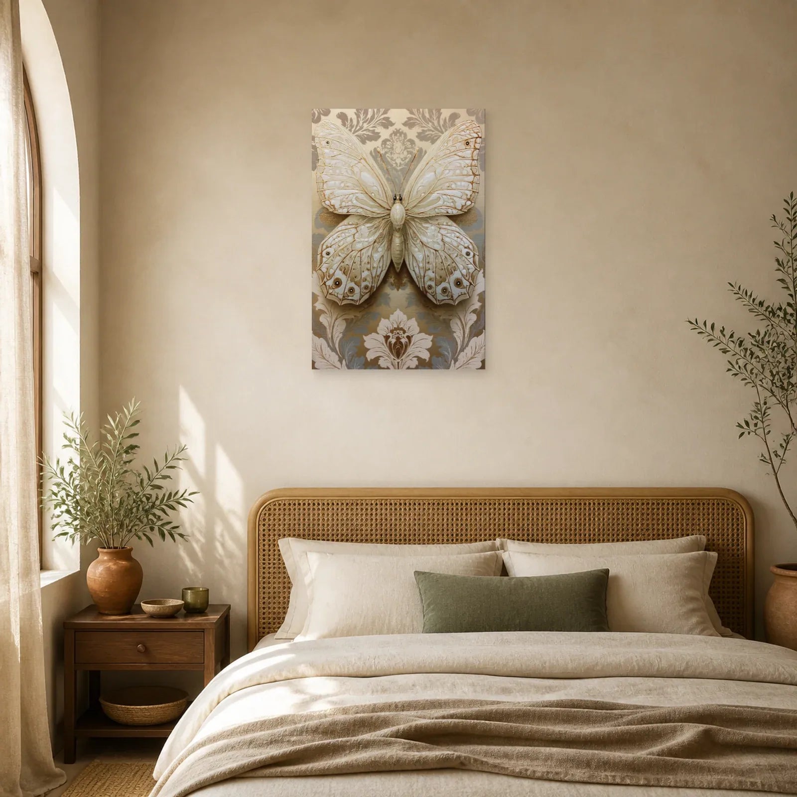 Tableau papillon ivoire et or avec effet relief décoratif dans une chambre apaisante