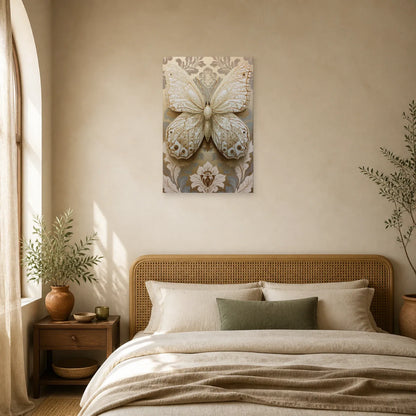 Tableau papillon ivoire et or avec effet relief décoratif dans une chambre apaisante