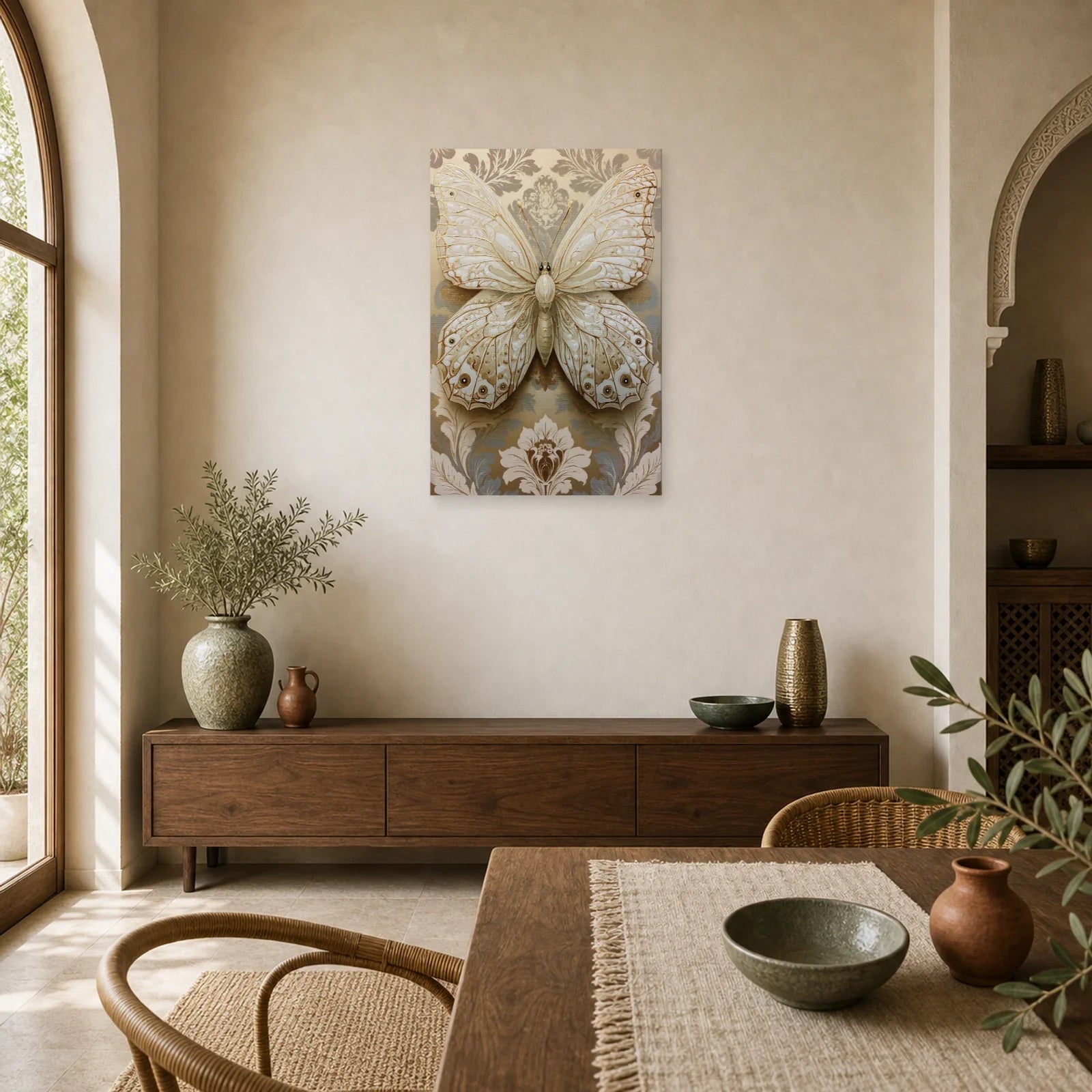 Tableau papillon ivoire et or avec effet relief décoratif dans une salle à manger lumineuse